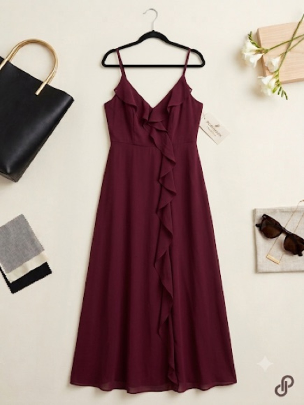 Merlot chiffon V-neck maxi dress: spaghetti straps, front slit, ruffle Size 14